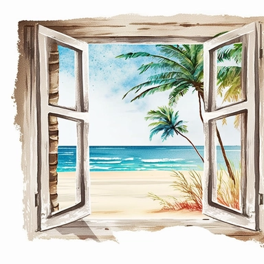 outside window summer beach scene watercolor white background clipart