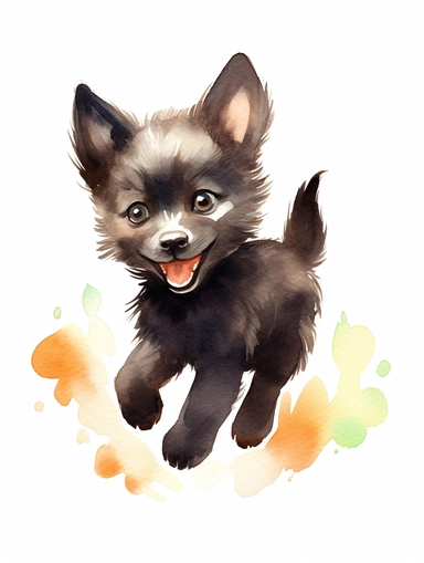 cute happy black wolf cub running, pastel watercolor, clipart, solid background