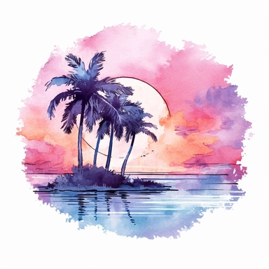 watercolor clip art on white background of a tropical palm tree beach sunset in cotton candy colors