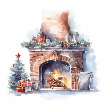 watercolor style, beautifully decorated christmas fireplace with slightly visible part of the wall behind it clipart, isolated on white background, 4K