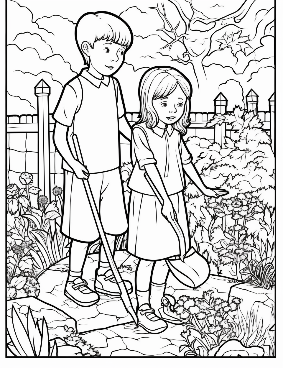 a coloring page of drawing of a boy and a girl standing next to each ...