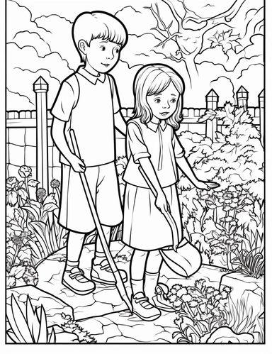a coloring page of drawing of a boy and a girl standing next to each other, a child's drawing, international gothic, digging, clipart, she is the center of the garden, dirty, robustly ordinated, monotone, cleaning future, outline, sakimimichan, grown up , perfect coloring, no colors, pixer, no black shadowy , colouring pages