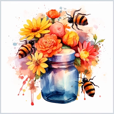 CLIPART OF AN AQUAREL PAINTING of a honey jar and bees surrounded by colored flowers, white background, hyperrealistic, studio light, 8K highly detailed, neon pastel color palette, retrofuturpunk, scattering, black and white balance, editorial photography