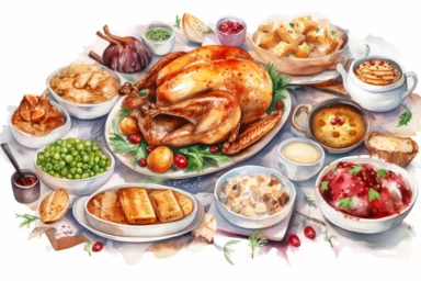 watercolor roast turkey, turkey stuffing with onions and celery, mashed potatoes, gravy, green beans, corn, dinner rolls ,cranberry sauce, and pumpkin pie, clipart art, hd, on white background, spaced out