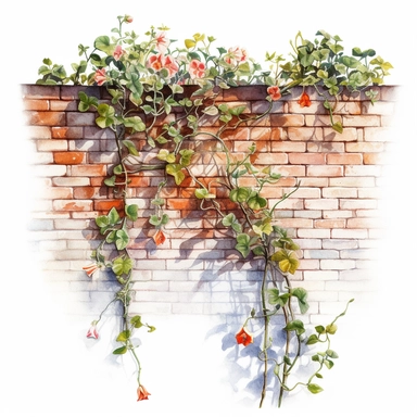 watercolor, hyper realistic, white background with margins, 8k, ultra detailed clipart watercolor, hyper realistic, white background with margins, 8k, ultra detailed clipart brick wall with vine flowers growing on it, hanging down the wall, vibrant color