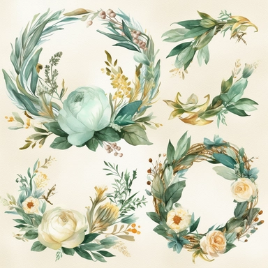 Design a set of watercolor-style digital cliparts specifically for wedding and event decorations. The cliparts should include elements such as flowers, garlands, wreaths, ribbons, and romantic symbols like hearts and doves. Consider various color palettes and styles to cater to both traditional and modern weddings and events. The cliparts should be versatile and suitable for use in invitations, save-the-date cards, menu cards, table cards, seating charts, and other decorative elements