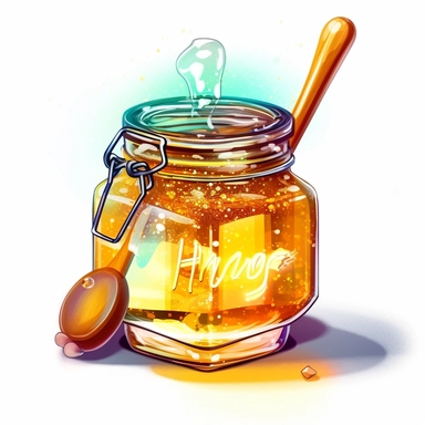 A clipart of a glass jar filled with golden honey, complete with a label and a wooden dipper sticking out, white background, holographic, futuristic, transparent details, chromatic aberration, colorized, diffraction grading , 4k, 8k, highly detailed, neon