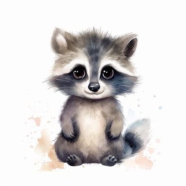 a graceful baby raccoon with kind eyes clipart with watercolor illustration,full body shot,8k,etsy style, white background