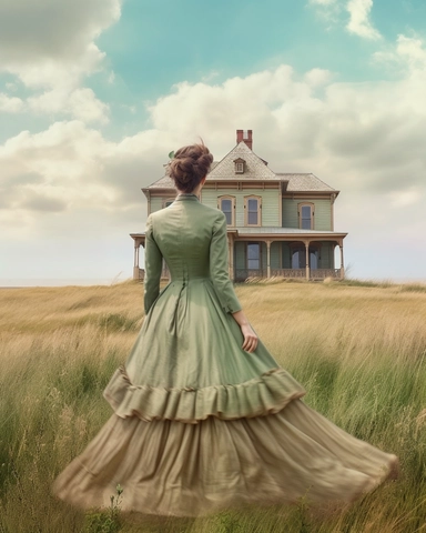 detailed beautiful lady , dressed in a sage victorian vintage dress on a big open farm, wide angle, long shot, with a house far from her as her background, hyper realistic, 8k, isolated on white backgorund, clipart