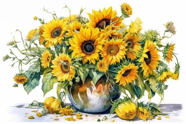watercolor sunflower clipart sunflower floral bouquet in the vase on the table , white background. Watercolor predator animals wildlife. Ultra High Realistic. ultra high resolution, Isolated on White Background. 32K ,
