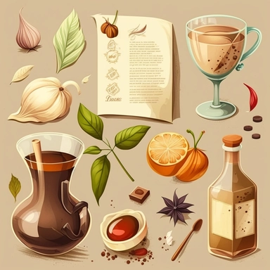 coffe, wine, fat food, soft drinks, choclate, garlic, onion, tomatos, citrus, peppermint, spices, diary, clipart, symbols, light brown backgounr