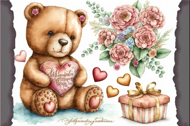 valentine flowers, chocolates, teddy bears, cards letters expressing love and affection accessories clipart, Aquarelle hand painting, aesthetic, watercolor, sparklecore, fantastic realism, fairytale