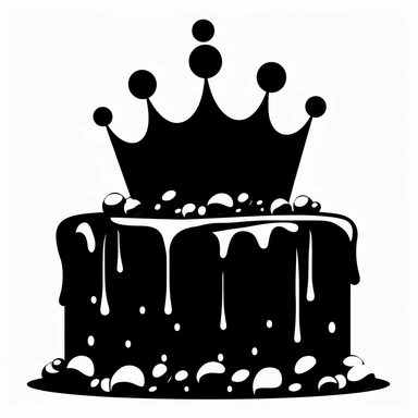 birthday cake with princess crown on, it decal simple cutout clipart, black silhouette,