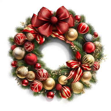 Picture a festive Christmas wreath, brimming with vibrant colors and cheerful ornaments, perfectly suited for clipart with a white background and no shadows. The wreath exudes a sense of holiday magic and joy, with its lush greenery and a variety of carefully arranged decorations. Envision a symphony of bright red berries, glittering golden baubles, and shimmering silver ribbons, all beautifully intertwined with the fresh evergreen branches. Each element radiates a sense of merriment and capture