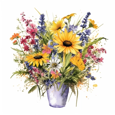 Watercolour Meadow-Inspired bouquet Extra large, Create a meadow-inspired arrangement by combining native UK and American flowers that bloom in meadows, Mix cowslips, cornflowers, and red campions from the UK with black-eyed Susans, goldenrods, and butterfly weeds from Americaplanted in a Metal wheelbarrow watercolour flower arrangement, clipart, vector, intermingled with greenery, white background, no captions, no vase, flower bed setting, aspect 2:2 repeat 5