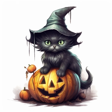 mystical fantasy cute witchy black cat with big halloween pumpkin clipart, hd 4k, detailed, focused, isolated on white background