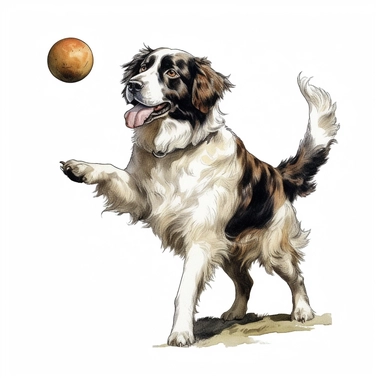 Landseer, Playing Fetch, cartoon, Clipart, white background, no text, no caption