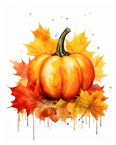 create a high quality watercolor clipart of a fall themed pumpkin with the fall leaves on the white background. The image needs to be high resolution