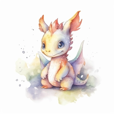 watercolor cute baby dragon clipart full body, flying and sitting, simplistic, charming sketches, warm color palette, hand painted, white background