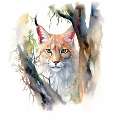 a delightful watercolor clipart image with a white background and vibrant colors, portraying a curious lynx peering out from behind a tree, its piercing eyes and tufted ears adding to its charm.