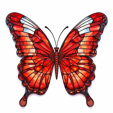 A stunning clipart of a red-dominated stained glass butterfly, showing off fiery and vibrant hues in a hyper-realistic style white background