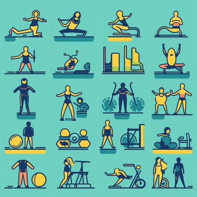 Design a clipart set that depicts various exercise and fitness activities. Add images of people doing different types of cardio activities like running, cycling, jumping, and swimming. Add images of people lifting weights, doing yoga, Pilates, or aerobics. Add elements such as water bottles, towels, or gym bags to complete the workout atmosphere. Use vibrant and energetic colors like blue, red, or green to reflect the energy of a fitness environment