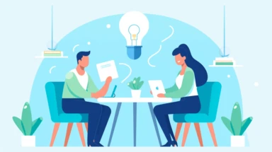 a simple flat microsoft office clip art style illustration of a woman and a man in the office reviewing an important contract in their hands, idea light bulb lights up in the air on one of their head, light green blue white pastel color palette