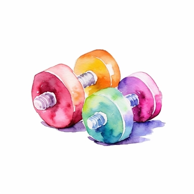 Dumbbells logo watercolor,simple Watercolor, hyper realistic, white background, white margins, 16k, ultra detailed clipart, cut out image, hand - drawn, whimsical manhwa style, ultra HD, sharp and clean art