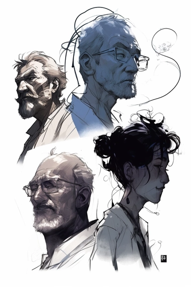 minimalist ink clip-art with heavy outlines concept art of three sci-fi character half portraits overlaping. older technic man on the bottom left is stressed, screaming in despair. a nice woman doctor in the centre looks like she is getting an idea. bearded asian engineer male on the top right is looking victoriously into the fugure, ready to solve any issue. exaturated expressions, muted minimal colors, heavy outlines, white paper background