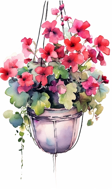 potted flowers, clipart, hanging basket, watercolour style,