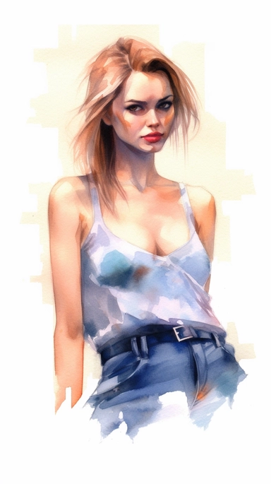 watercolor stylized clipart of a gorgeous french woman bombshell with very hairy unshaved armpits, wearing a white croptop and denim shorts, posing, epic light, chaotic,