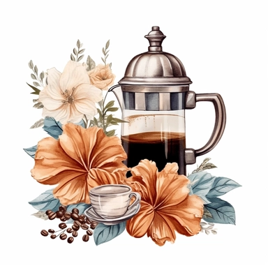 french machine cafe filter for coffee, cup of coffee, flower digital clipart on white background
