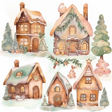 Generate a series of watercolor clipart images inspired by the magic of Christmas. Include elements such as gingerbread houses, reindeer, snowmen, and Christmas trees. The images should have a soft, dreamy quality with clear lines and delicate, watercolor hues. The clipart should be perfect for use in scrapbooking, card-making, and other festive projects.