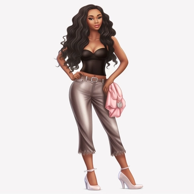 beautiful black teenage girl with beautiful long hair to her waist, dressed casually. Full perspective and, long shot A young black woman with full lips and a big beautiful smile, dressed for a date, has long hair and beautiful shapely legs, wearing heels, clipart in the style of digital airbrushing, feminine sticker art, dollcore, realistic face, realistic body, glamorous,