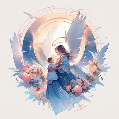 detailed illustration of mother angel holding baby, smile, flower splash, vintage design, realistic pastel colors, vector art, cute, fantasy art, love, detailed watercolor effect, digital paint, soft light, panoramic view, isometric style, vintage aesthetic, character focus, 4K resolution, no background, realistic rendering, use using Cinema 4D, isolated white background, logo style, clipart