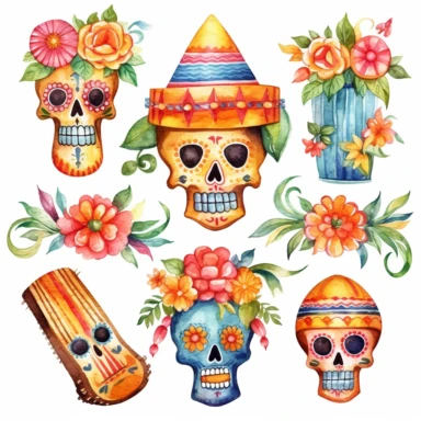 Watercolor cinco de mayo decorations, illustrations clipart set, simple,cinco de mayo colors , cartoon elements, different variants, cinco de mayo mexican hat, cinco de mayo sugar skulls, cinco de mayorose, separate elements with a margin