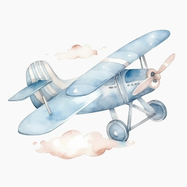 watercolor baby airplane , Blue and white color, clipart, white background, cute dreamy, soft subtle colors , by beatrix potter
