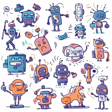 clipart collection of scribbles and illustrations of a group of generative AI bots featuring an author bot, a coding bot, an illustration bot, photographer bot and an assistant bot, all non-binary characters, professional web design, friendly, cool, modern web illustration, two-tone, cute, playful, helping