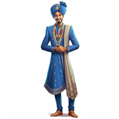 indian,clipart, wedding clipart,cartoon art [indian] [groom] [traditional blue dress] [full body] [hyper Real], high resolution clipart [8k]--v 5.1