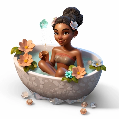 Clipart actionpose full-body of brown skin woman sitting in a bathtub =5 filled with flowers, having a spa day, spa clay on her face, hyperrealistic
