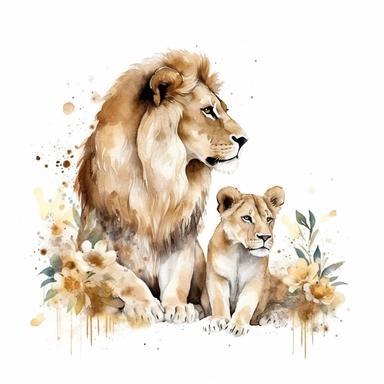 family, baby, lion and lioness,Watercolor Clipart high quality, white background , lion and lioness, cute, love