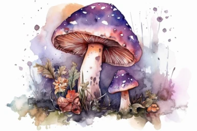 watercolor fantasy purple toadstool mushroom with a ladybird clipart, surrounded by plants, fairy mushroom, on watercolor stain, hd, isolated on white background, spaced out