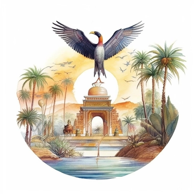 The god Ra, a figure with a falcon head and a sun disk, reigning over a vibrant Egyptian landscape, Ra should have a powerful, noble posture. The landscape could be filled with palm trees, the Nile river, and small huts, clipart, watercolor, white background