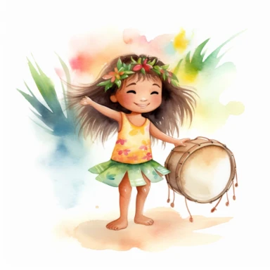 watercolour, adorable little hula dancer, she is 4 years old, dancing and playing a Hawaiian looking little drum, clipart