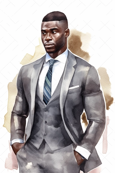 Watercolor Clipart Athletic MUSCLE Man in Suit Businessman Handsome Black Skin No Text