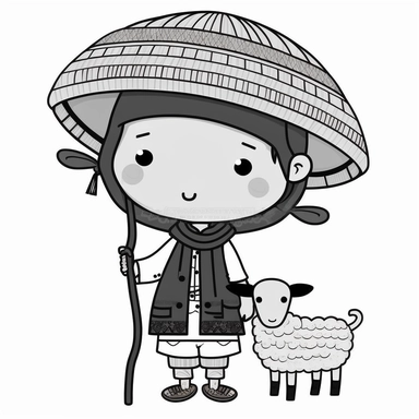 a boy, simple, traditional costume, local food, animal, educational, history, and cultural diversity, clipart style, cute, picture book style, captivating, kid friendly cute character, black and white, coloring book, not color style, cartoon style, vector image, simple, line art style, character, white background
