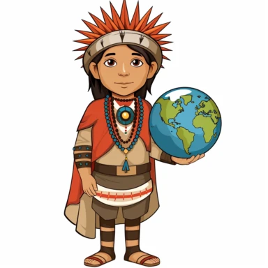 Clipart of a student wearing a Native American-inspired outfit with an empire holding a globe, white background