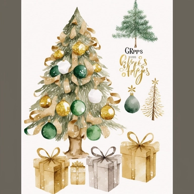 christmas tree with presents clipart, decorated pine tree with christmas golden presents, golden christmas decoration, christmas decor, simple shapes, no lines, no outlines, clipart, featured on dribble, cartoon tree clipart, minimalist, computer vector graphic design clip art, watercolor illustration clipart, watercolour clipart, watercolor illlustration for kids and children, book illustration, print on demand image, PNG tranparent background