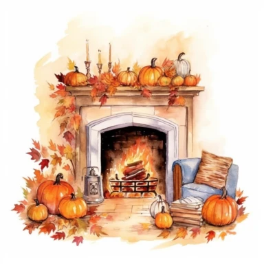 cozy autumn fireplace with a crackling fire clipart, detailed, hd, watercolour, white background, spread out