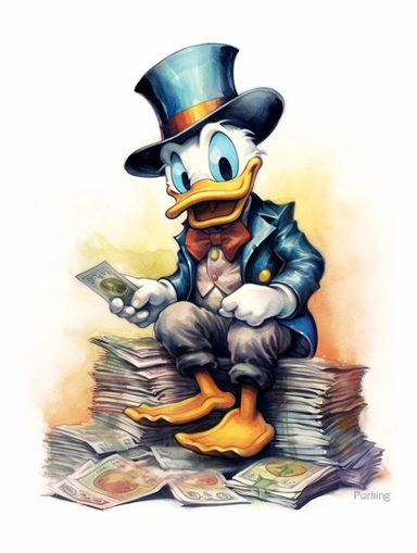 watercolour CLIP ART, Colourful Fantasy,clear black background,Donald duck seems very rich having cigar in his mouth and sitting on money and wearing a giant hat and boots,--v 4